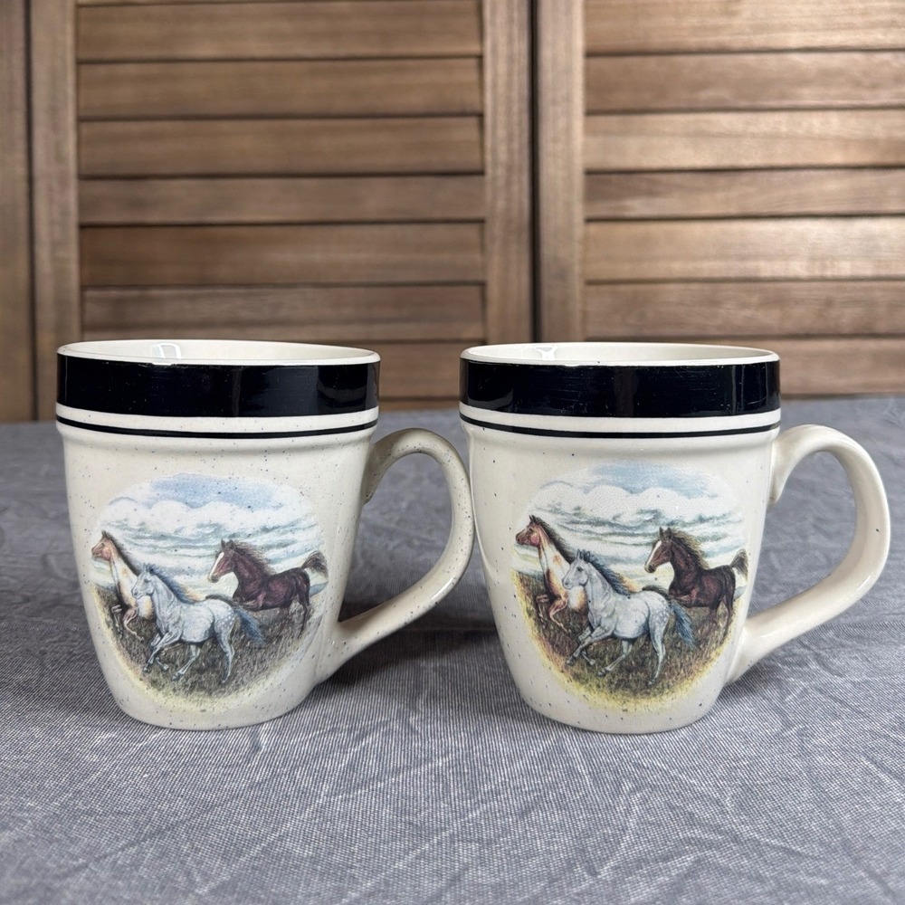 Folkcraft Stoneware Mug Set 2 Running Horses Scottyz Cream Black Speckle Ceramic